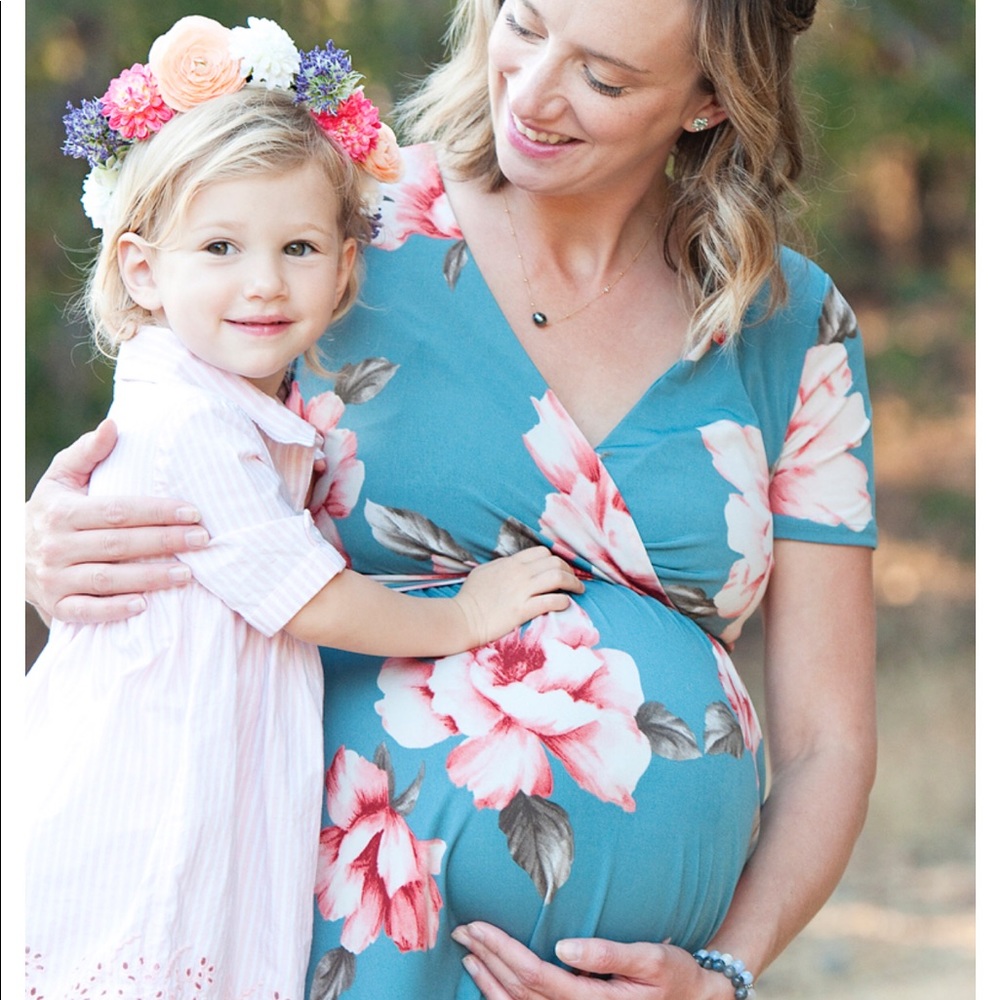 Pinkblush Maternity teal floral hi-lo wrap dress